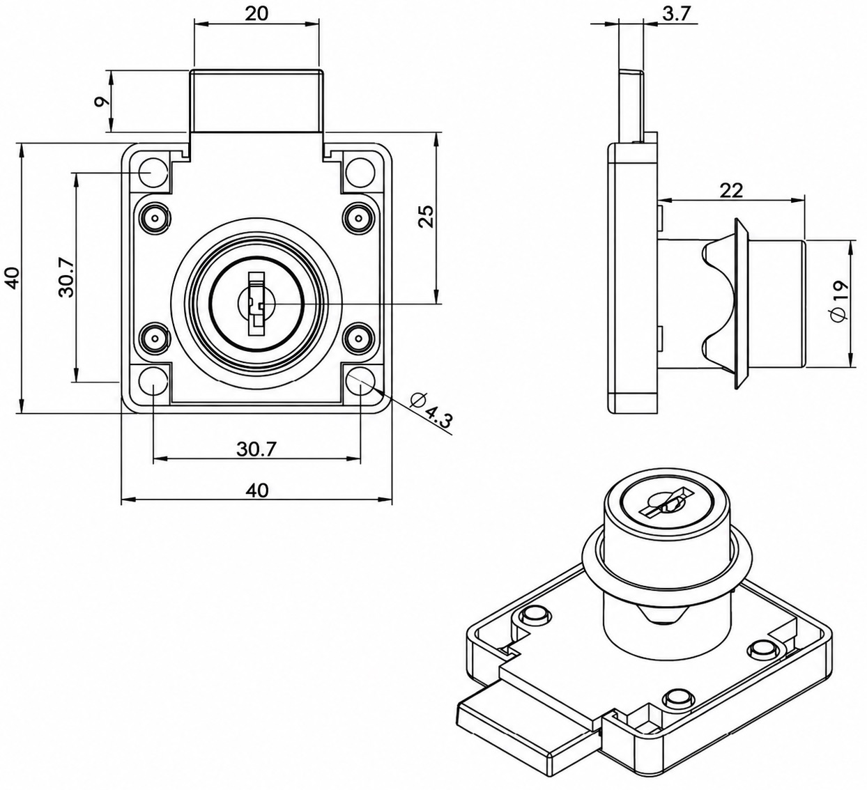 Högkvalitativt boxlås, yta: svart, ⌀19 mm (3/4"), version: vänster stängning, 14.01.062-5. Robust skruvlås för skåpdörrar, möbeldörrar, kontorsskåp, arkivskåp och mycket mer, av SISO Danmark - Bild 4