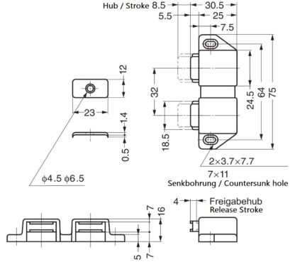 Kompakt magnetisk snäpplucka, inkl. motplatta, yta: brun, 25 mm (63/64"), utförande: med 2 låskolvar, ML-30WBR. Dubbel dörröppnare för möbeldörrar, skåpdörrar och mycket mer, av Sugatsune / LAMP® (Japan) - Bild 2