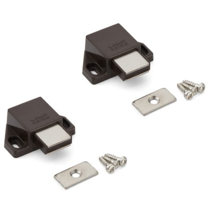 2 stycken kompakt magnetisk snäppspärr, inkl. motplatta, yta: brun, 25 mm (63/64"), ML-30SBR. Platsbesparande push-to-open dörröppnare för möbeldörrar, skåpdörrar och mycket mer, av Sugatsune / LAMP® (Japan)