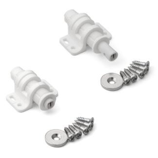 2 stycken rund magnetisk snäppklaff med justeringsmöjlighet, inkl. motplatta, yta: vit, MC-25WT. Push-to-open dörröppnare för möbeldörrar, skåpdörrar och mycket mer, av Sugatsune / LAMP® (Japan)