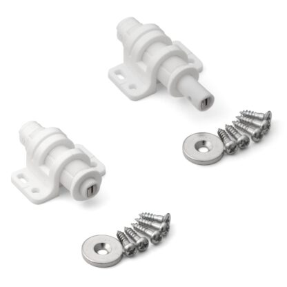 2 stycken rund magnetisk snäppklaff med justeringsmöjlighet, inkl. motplatta, yta: vit, MC-25WT. Push-to-open dörröppnare för möbeldörrar, skåpdörrar och mycket mer, av Sugatsune / LAMP® (Japan)