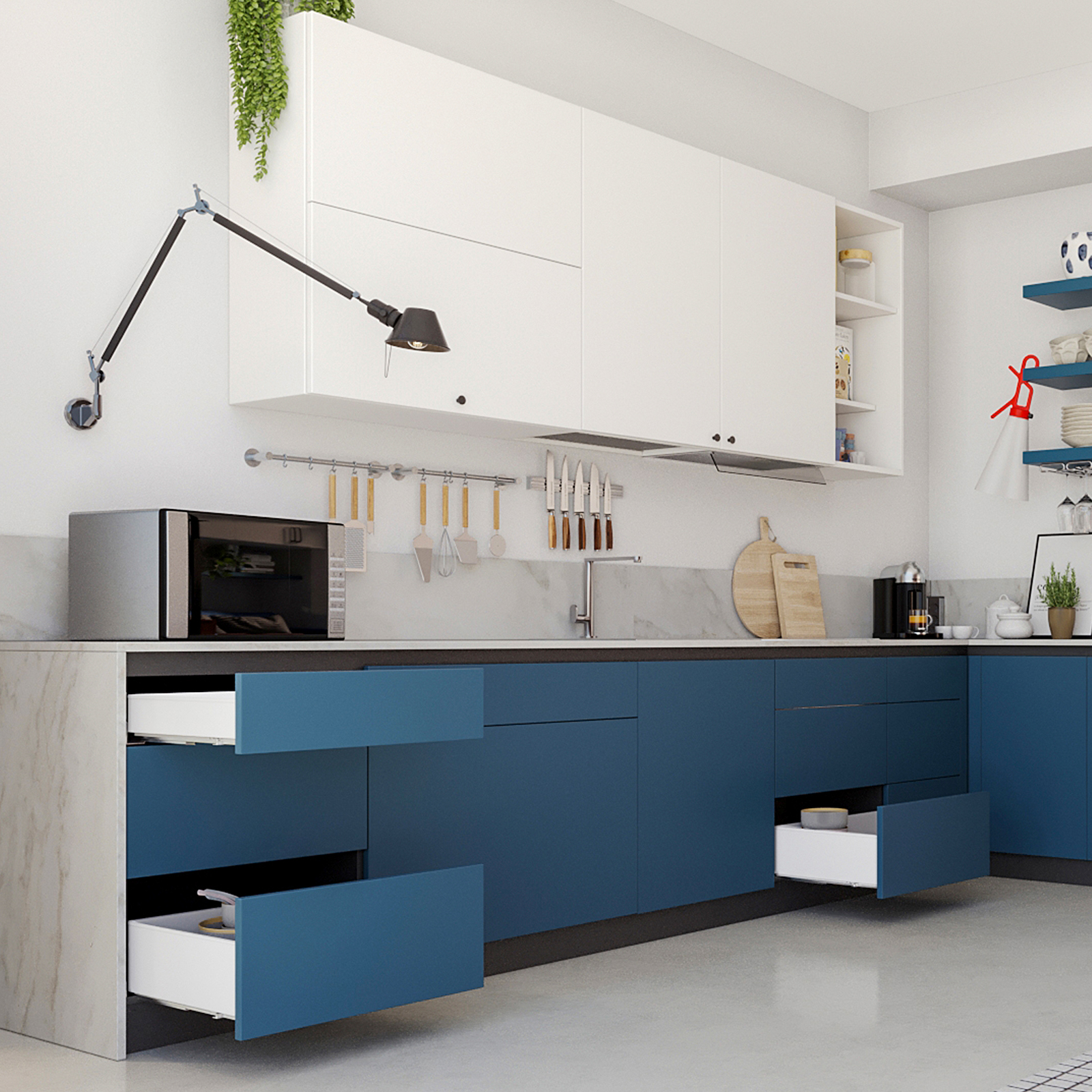 Lådsats, med extra tunna ramar, höjd: 88 mm (3-15/32"), yta: vit, 350 mm (13-25/32"), version: delvis utdragbar med soft-close, 3275112. lådsats för köksmöbler och mycket mer, från EMUCA - Bild 8